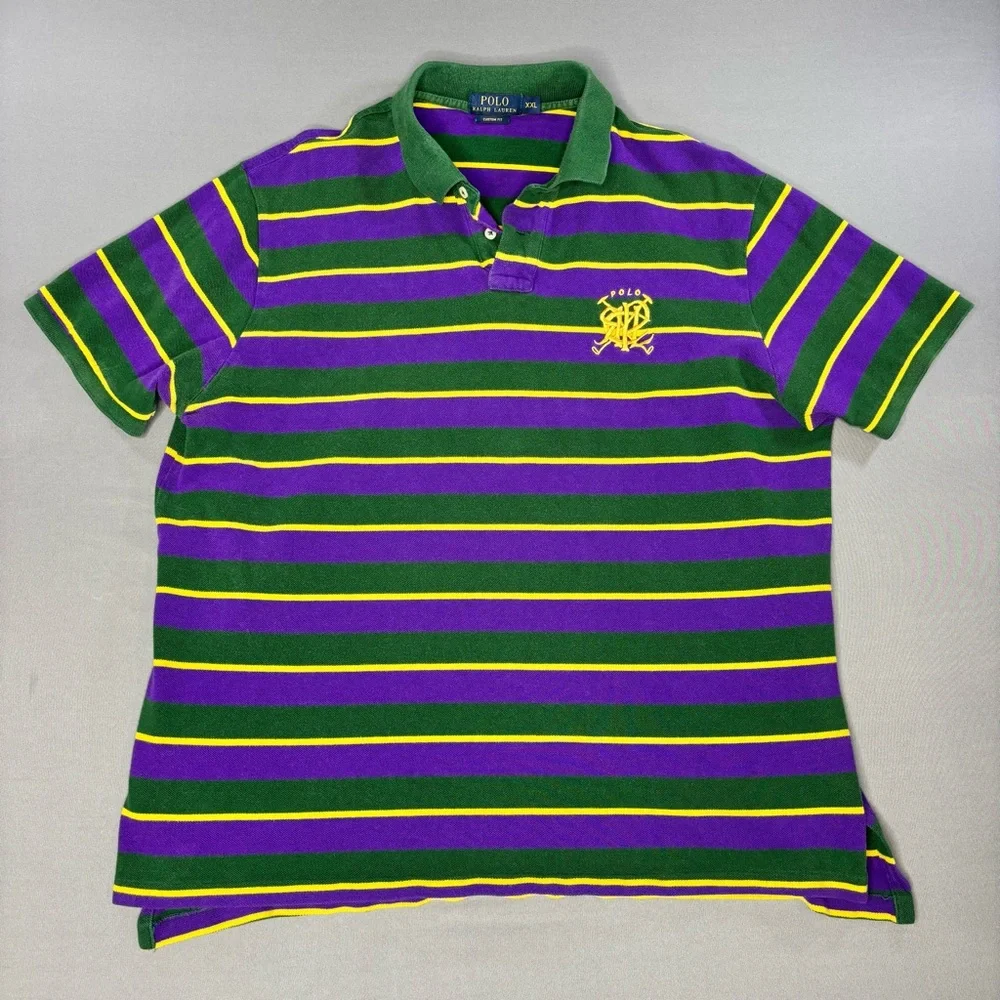 Ralph Lauren Polo Mens 2XL XXL Rugby Shirt Monogram Crest Custom Fit Green Strip